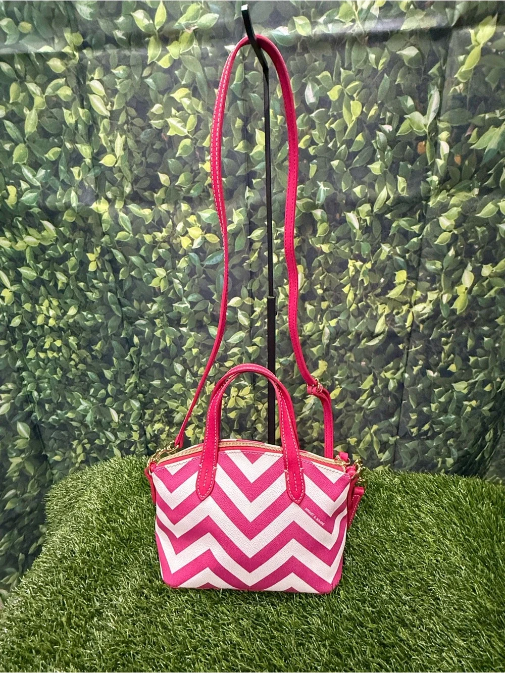 Dooney & Bourke Chevron Ruby Pink Striped Mini Satchel Crossbody Bag